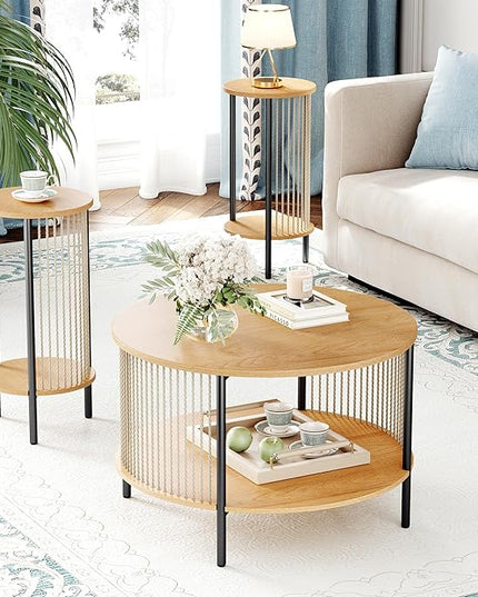 Yechen 3-Piece Boho Coffee Table Set with Hand-Woven Natural Rope, 2 Tier Wooden Round Coffee Table and End Table Sets with Metal Frame, Side Table with Storage for Living Room, Bedroom - LeafyLoom
