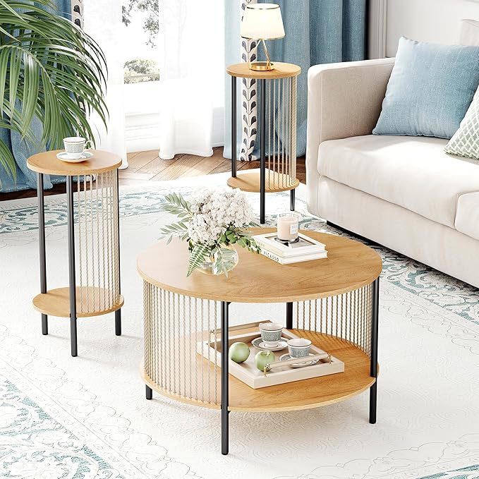 Yechen 3-Piece Boho Coffee Table Set with Hand-Woven Natural Rope, 2 Tier Wooden Round Coffee Table and End Table Sets with Metal Frame, Side Table with Storage for Living Room, Bedroom - LeafyLoom