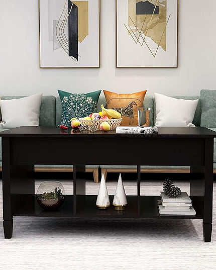 Lift Top Coffee Table, Coffee Table with Open Shelves and Lift Top Design, Modern Center Tables for Living Room, Home, Office, Black - LeafyLoom