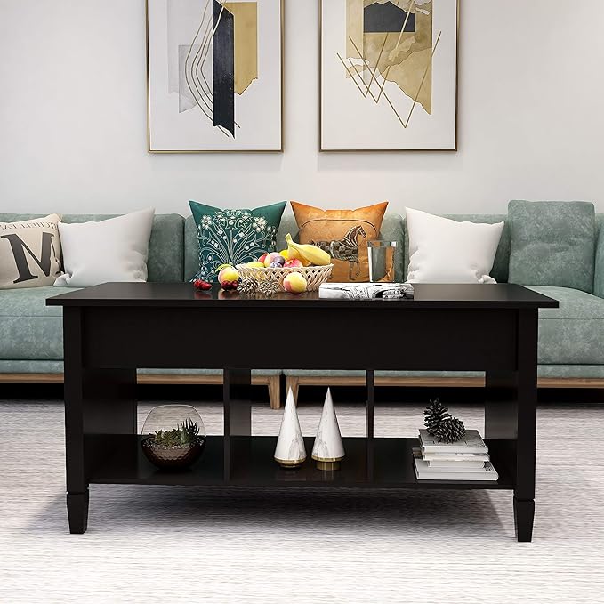 Lift Top Coffee Table, Coffee Table with Open Shelves and Lift Top Design, Modern Center Tables for Living Room, Home, Office, Black - LeafyLoom