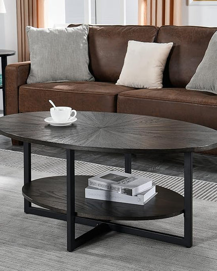 Solid Wood Oval Coffee Table with Cross Metal Legs, 43.3in Modern Industrail Center Table with Open Shelf Cocktail Tea Table for Living Room Bedroom, Rustic Black 1811BK - LeafyLoom