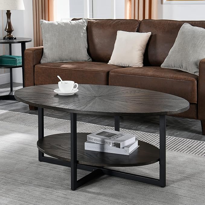 Solid Wood Oval Coffee Table with Cross Metal Legs, 43.3in Modern Industrail Center Table with Open Shelf Cocktail Tea Table for Living Room Bedroom, Rustic Black 1811BK - LeafyLoom