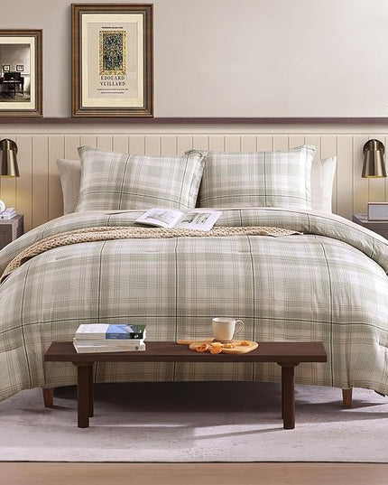 Beige King Size Comforter, Khaki Green Plaid King Comforter Set or Boys & Girls,Classic Homestead-style King Bedding Sets with King Size Bed Sheets and Comforter Sets - LeafyLoom