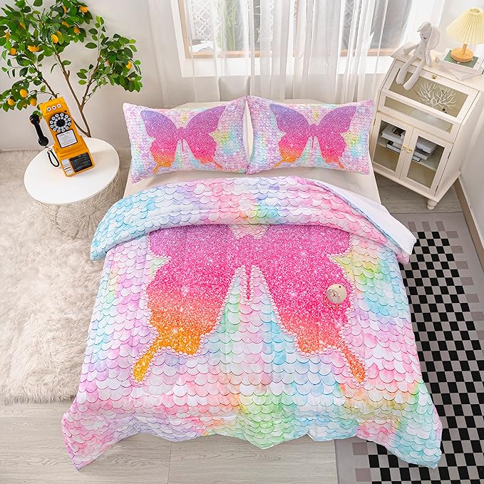 CVHOUSE Butterfly Bedding Set,Butterfly Comforter Twin,Butterfly Comforter Set for Girls Kids Teens,Butterflies Quilt Set with 1 Comforter and 2 Pillow Cases- 3 Piece - LeafyLoom