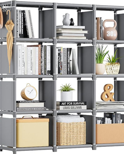 Mavivegue Book Shelf, 12 Cube Storage Organizer, DIY Bookcase, Metal Cube Bookshelf,Tall Book case for Bedroom, Living Room,Office,Closet Storage Organizer, Grey Cubicle Storage Rack - LeafyLoom