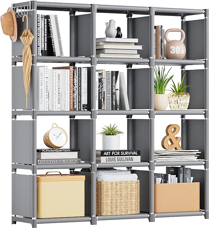 Mavivegue Book Shelf, 12 Cube Storage Organizer, DIY Bookcase, Metal Cube Bookshelf,Tall Book case for Bedroom, Living Room,Office,Closet Storage Organizer, Grey Cubicle Storage Rack - LeafyLoom