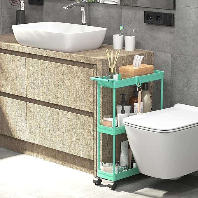 Simple Houseware Kitchen Cart Storage 3-Tier Slim/Super Narrow Shelves with Handle, 26.5'' Height/5.5'' Width for Narrow Place, Turquoise - LeafyLoom