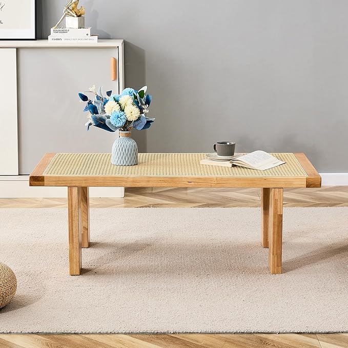 47.24'' Modern Rattan Coffee Table Imitation Rattan Tabletop with Rubber Wooden Legs Rectangle Coffee Tea Table for Living Room Dining Room - LeafyLoom