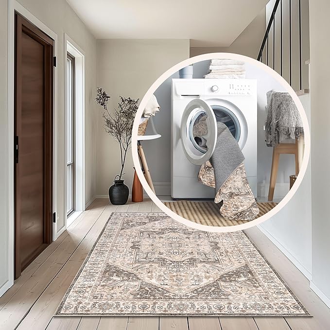 nuLOOM 8x10 Machine Washable Rain Haven Vintage Medallion Area Rug, Brown, Traditional Faded Design, Non-Slip Backing, Stain Resistant, For Bedroom, Dining Room, Living Room, Kitchen - LeafyLoom