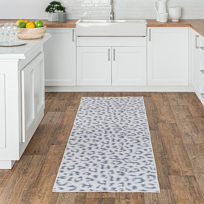 nuLOOM Mason Machine Washable Contemporary Leopard Print Ultra Thin Runner Rug, 2' 6" x 10', Blue - LeafyLoom