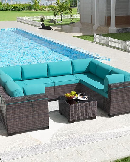 Kullavik 9PCS Outdoor Patio Furniture Set PE Wicker Rattan Sectional Sofa Patio Conversation Sets,Blue - LeafyLoom