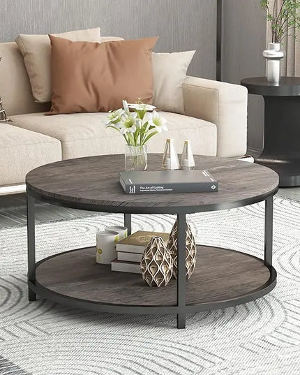 NSdirect Round Coffee Table,36" Coffee Table for Living Room,2-Tier Rustic Wood Desktop with Storage Shelf Modern Design Home Furniture(Light Walnut) - LeafyLoom