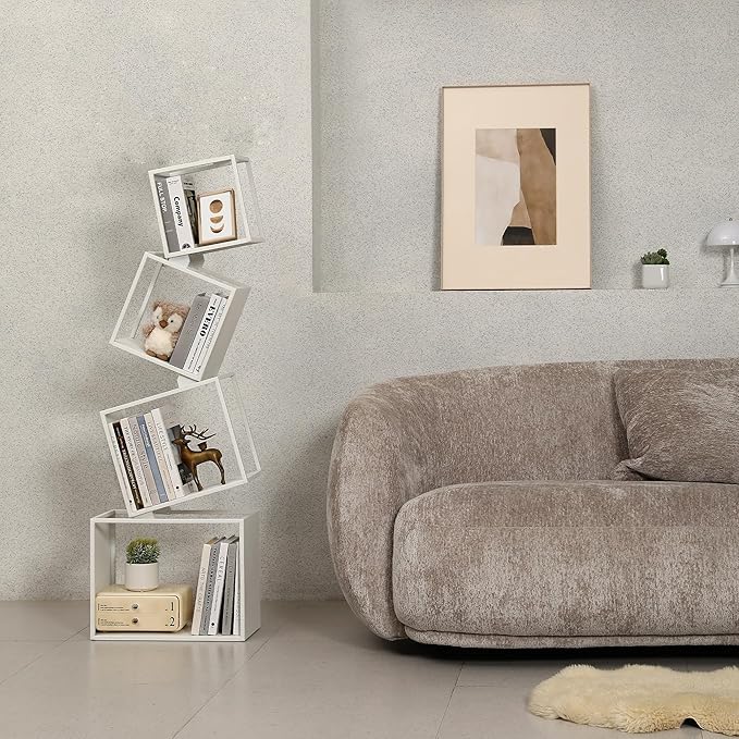 Bookshelf, 4-Tier Bookcase White, White Bookshelf, 4 Tier Bookshelf, 49''Tall Industrial Bookshelf, Modern Book Storage, Storage Shelves for CDs/Books/Home Decor, Display Shelf - LeafyLoom