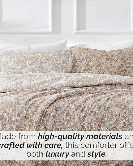 Southshore Fine Living, Inc. Oversized Full/Queen Comforter Set, Down Alternative Paisley Bedspread, Reversible Print is 2 Colors in 1, Queen/Full Comforter & Matching Shams, Taupe/White - LeafyLoom