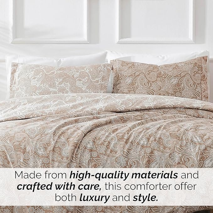 Southshore Fine Living, Inc. Oversized Full/Queen Comforter Set, Down Alternative Paisley Bedspread, Reversible Print is 2 Colors in 1, Queen/Full Comforter & Matching Shams, Taupe/White - LeafyLoom