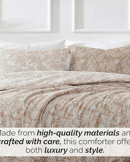 Southshore Fine Living, Inc. Oversized Twin Comforter Bedding Set, Down Alternative Paisley Bedspread, Reversible Print is 2 Colors in 1, Twin/Twin XL Comforter & Matching Sham, Taupe/White - LeafyLoom
