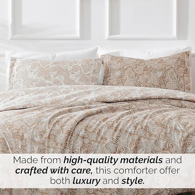 Southshore Fine Living, Inc. Oversized Twin Comforter Bedding Set, Down Alternative Paisley Bedspread, Reversible Print is 2 Colors in 1, Twin/Twin XL Comforter & Matching Sham, Taupe/White - LeafyLoom
