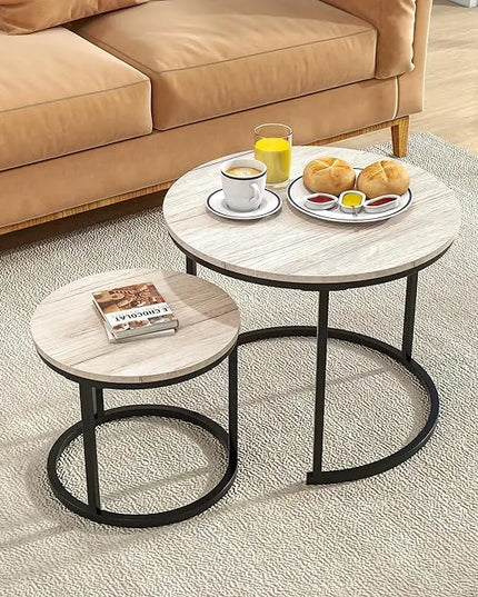 Round Coffee Table Set of 2 for Living Room,Black Small Coffee Table Living Room Table,Nesting Tables Metal Frame/Wood,Sturdy and Easy Assembly,Stacking Side Tables Bedroom,White Oak - LeafyLoom