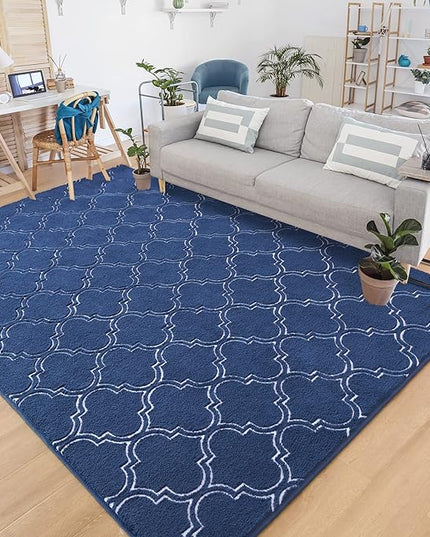 Chicrug Shag Geometric Modern Area Rug for Bedroom, 6x9 Feet Memory Foam Indoor Carpet, Fluffy Rug for Living Room Bedside Room Decor for Family Girls Kids Nursery Play Mat, Navy/White - LeafyLoom