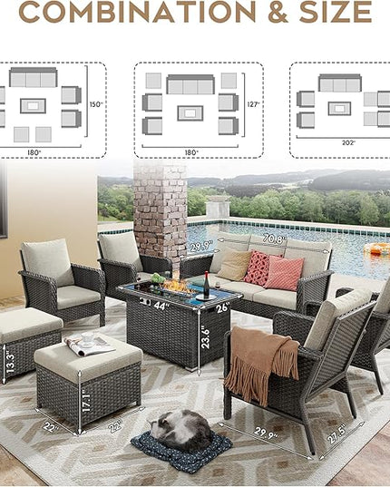 Yechen Patio Conversation Set 9 Seats with 44" Propane Gas Fire Pit Table - 8 Pcs Outdoor Wicker Furniture Set with Lid & Wind Shields - Sectional Sofa Set for Porch,Backyard - LeafyLoom