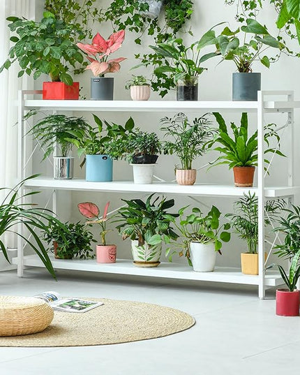 HCHQHS Bookshelf, 3-Tier Long Industrial Bookcase, White Open Book Shelf, Freestanding Horizontal Bookshelves with Metal Frame - LeafyLoom