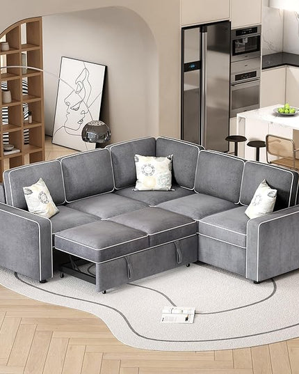 83“ L-Shape Sectional Sleeper Sofa with Pull out Bed, Linen Upholstered Convertible Couch w/ 3 Pillows, 2 Power Sockets &2 USB ports, for Living Room Apartment, 83 Inch, Dark Gray - LeafyLoom