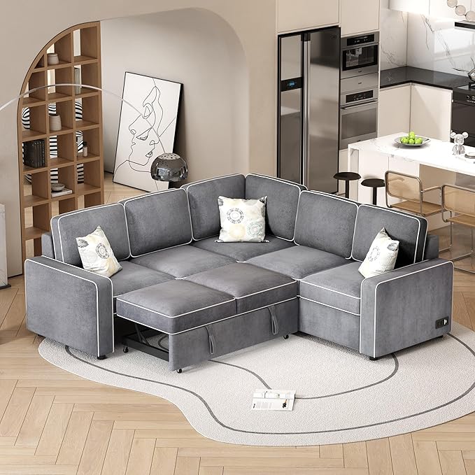 83“ L-Shape Sectional Sleeper Sofa with Pull out Bed, Linen Upholstered Convertible Couch w/ 3 Pillows, 2 Power Sockets &2 USB ports, for Living Room Apartment, 83 Inch, Dark Gray - LeafyLoom