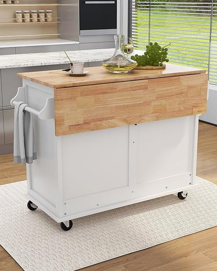 Kitchen Island with Storage, Rolling Table on Wheels w/Storage Cabinet and 2 Drawers for Dinning Room, Rubber Wood Contertop - LeafyLoom