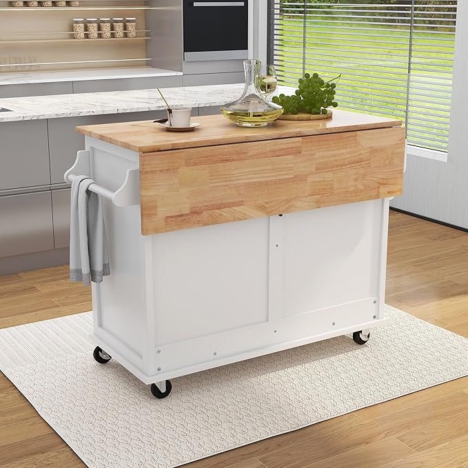 Kitchen Island with Storage, Rolling Table on Wheels w/Storage Cabinet and 2 Drawers for Dinning Room, Rubber Wood Contertop - LeafyLoom