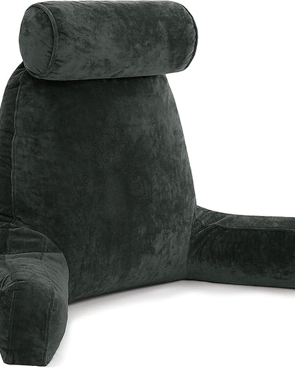 Husband Pillow XXL Dark Green Backrest with Arms - Adult Reading Pillow Shredded Memory Foam, Ultra-Comfy Removable Microplush Cover & Detachable Neck Roll, Unmatched Support Bed Rest Sit Up Pillow - LeafyLoom
