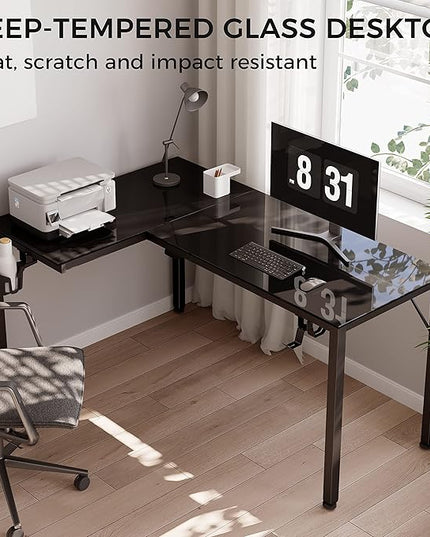 EUREKA ERGONOMIC RGB LED Lights 60 Inch L Shaped Reversible Black Glass Gaming Desk Home Office Computer Table GTG L60 - LeafyLoom