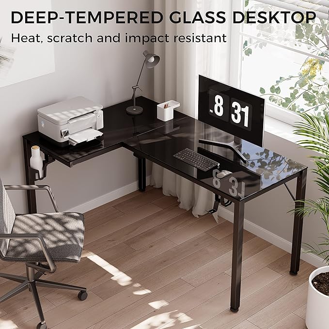 EUREKA ERGONOMIC RGB LED Lights 60 Inch L Shaped Reversible Black Glass Gaming Desk Home Office Computer Table GTG L60 - LeafyLoom