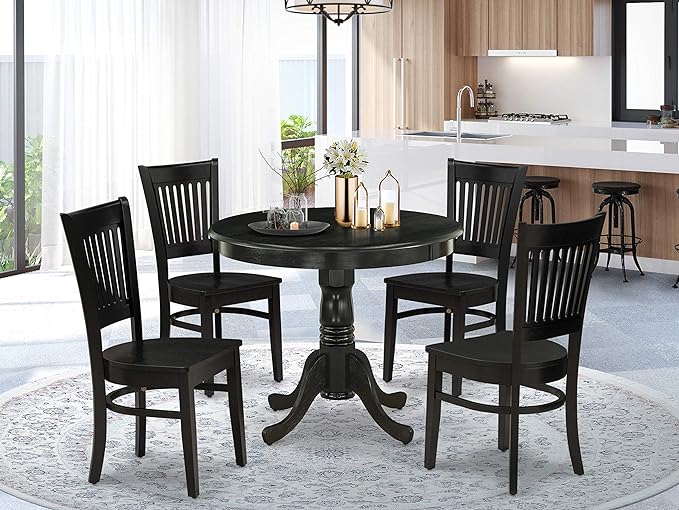 East West Furniture ANVA5-BLK-W 5 Piece Modern Dining Table Set Includes a Round Kitchen Table with Pedestal and 4 Dining Room Chairs, 36x36 Inch, Black - LeafyLoom