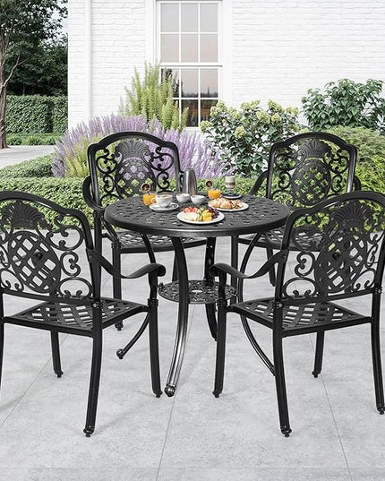 DWVO 5 Piece Outdoor Furniture Cast Aluminum Patio Dining Sets, All-Weather Patio Bistro Sets with 4 Chairs, 30 Inches Round Table with Umbrella Hole, Adjustable Feet for Balcony Backyard Deck Garden - LeafyLoom