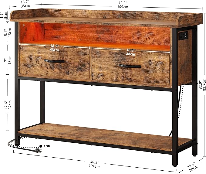 IRONCK Entryway Table with Power Outlet and LED Light, Console Table with 2 Fabric Drawers and Storage Shelves for Entryway, Living Room, Hallway, Vintage Brown - LeafyLoom