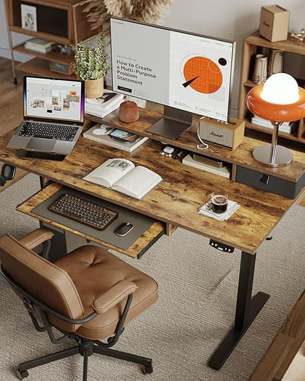 Electric Standing Desk with 2 Drawers and Keyboard Tray, 63 x 24 Inches Ergonomic Adjustable Height Desk with Storage, Sit Stand up Desk Computer Workstation, Rustic Brown - LeafyLoom