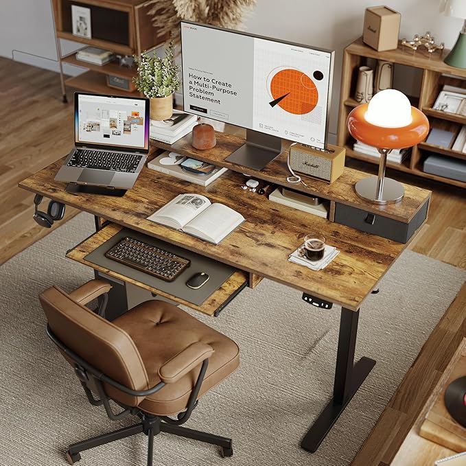 Electric Standing Desk with 2 Drawers and Keyboard Tray, 63 x 24 Inches Ergonomic Adjustable Height Desk with Storage, Sit Stand up Desk Computer Workstation, Rustic Brown - LeafyLoom