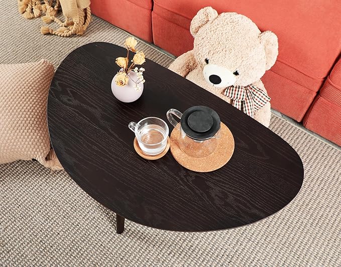FIRMINANA Small Oval Coffee Table for Small Space,Mango Shape Tabletop，Simple Modern Table with OAK Legs, Black Walnut 18.9" D x 33.47" W x 15.75" H - LeafyLoom