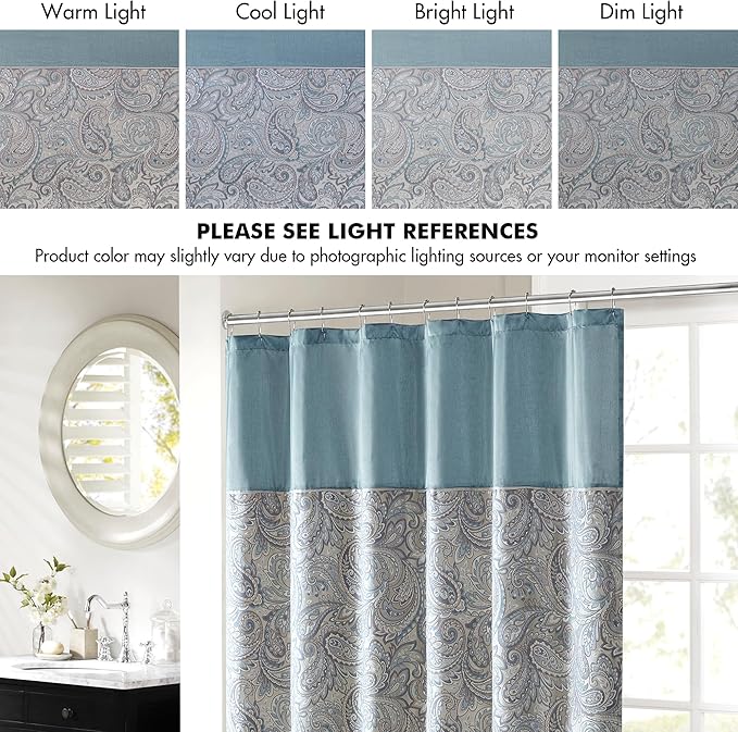 Madison Park 24 Piece Teal Paisley Queen Comforter Set with Matching Curtains and Aubrey 72x72 Teal Paisley Shower Curtain - LeafyLoom