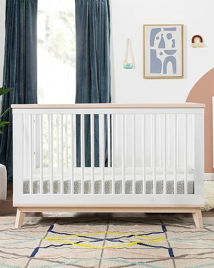 Babyletto Scoot 3-in-1 Convertible Crib with Toddler Bed Conversion Kit in White and Washed Natural, Greenguard Gold Certified - LeafyLoom
