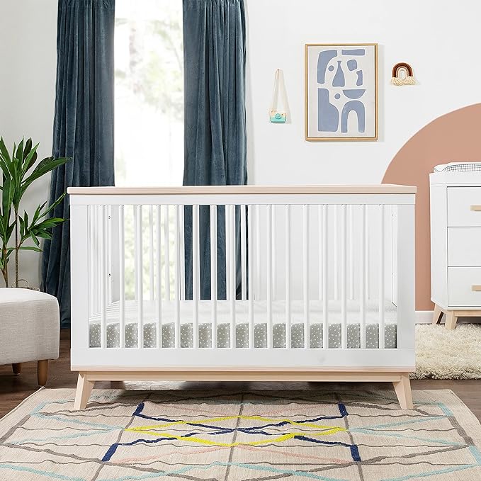 Babyletto Scoot 3-in-1 Convertible Crib with Toddler Bed Conversion Kit in White and Washed Natural, Greenguard Gold Certified - LeafyLoom