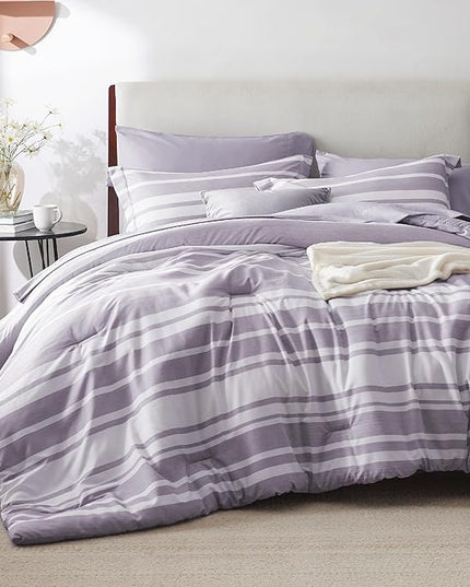 Bedsure Bed in a Bag King Size 7 Pieces, Purple White Striped Bedding Comforter Sets All Season Bed Set, 2 Pillow Shams, Flat Sheet, Fitted Sheet and 2 Pillowcases - LeafyLoom
