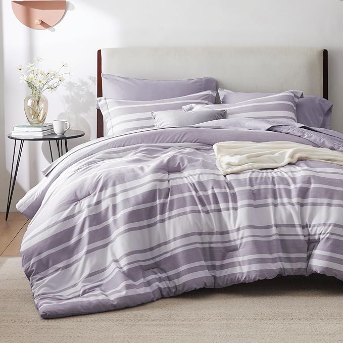 Bedsure Bed in a Bag King Size 7 Pieces, Purple White Striped Bedding Comforter Sets All Season Bed Set, 2 Pillow Shams, Flat Sheet, Fitted Sheet and 2 Pillowcases - LeafyLoom
