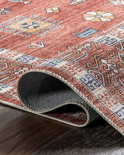 nuLOOM Tama Circle Medallion Machine Washable Ultra Thin Area Rug, 4x6, Red - LeafyLoom