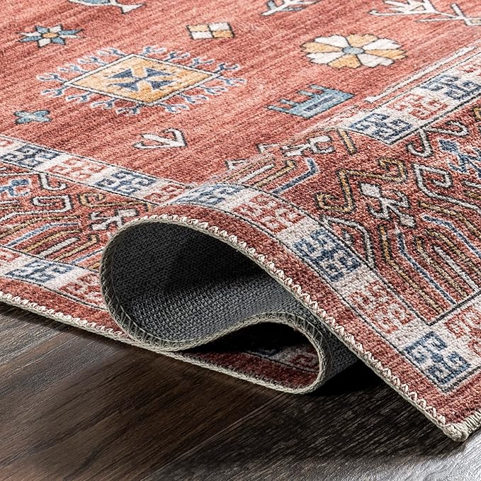 nuLOOM Tama Circle Medallion Machine Washable Ultra Thin Area Rug, 4x6, Red - LeafyLoom