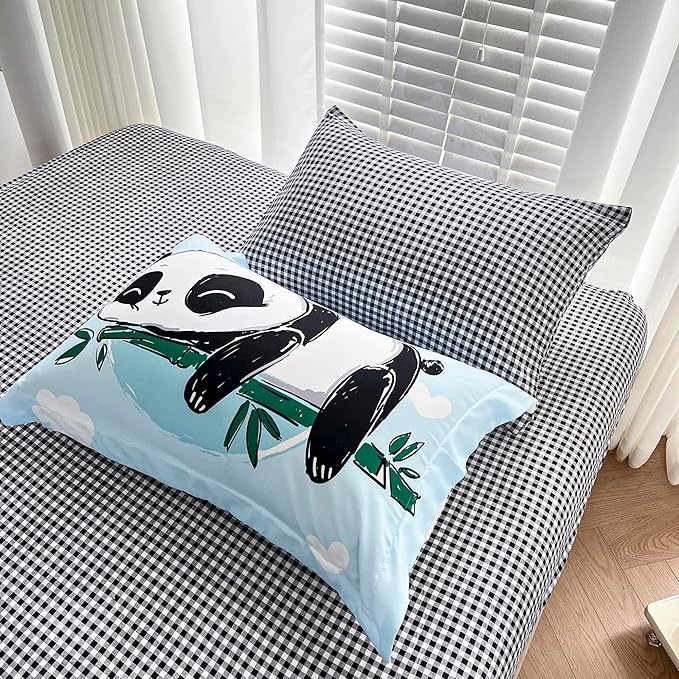 Wajade Kids Panda Comforter Set Bed in A Bag Full Size 7 Piece Blue 3D Cute Panda Bamboo Clouds Bedding Set for Girls Boys (1 Comforter, 1 Flat Sheet, 1 Fitted Sheet, 2 Pillowcase and 2 Pillow Sham) - LeafyLoom
