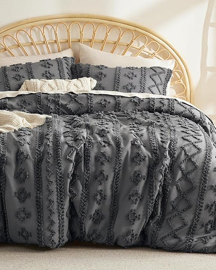 Bedsure Tufted Boho Comforter Set Full - Dark Grey Boho Bedding Comforter Set, 3 Pieces Farmhouse Shabby Chic Embroidery Bed Set, Soft Jacquard Comforter for Women Men Girls - LeafyLoom