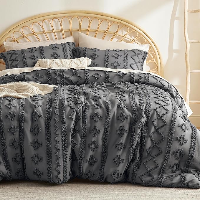 Bedsure Tufted Boho Comforter Set Full - Dark Grey Boho Bedding Comforter Set, 3 Pieces Farmhouse Shabby Chic Embroidery Bed Set, Soft Jacquard Comforter for Women Men Girls - LeafyLoom