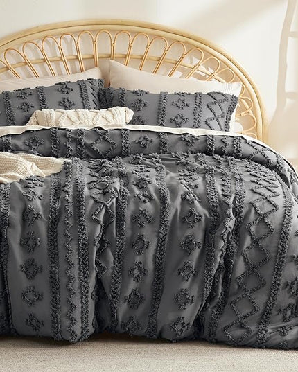 Bedsure Tufted Boho Comforter Set Queen - Dark Grey Boho Bedding Comforter Set, 3 Pieces Farmhouse Shabby Chic Embroidery Bed Set, Soft Jacquard Comforter for Women Men Girls - LeafyLoom