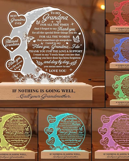 Grandma 3D Illusion Lamp w Wooden Base USB Powered Acrylic Night Light, Grandma Gifts from Grandchildren, to My Grandma Lamp Present, Gift for Grandmother, Gifts for Birthday Mothers Day - LeafyLoom